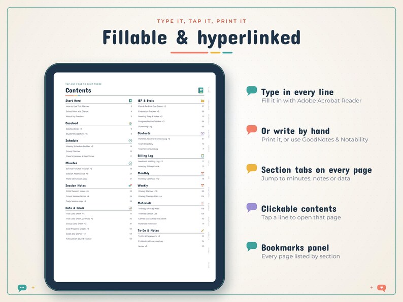 May include: A digital planner displayed on a tablet screen showing a contents page with sections for schedule, minutes, session notes, and goals. Text includes Type it, Tap it, Print it, Fillable & hyperlinked, and feature descriptions.