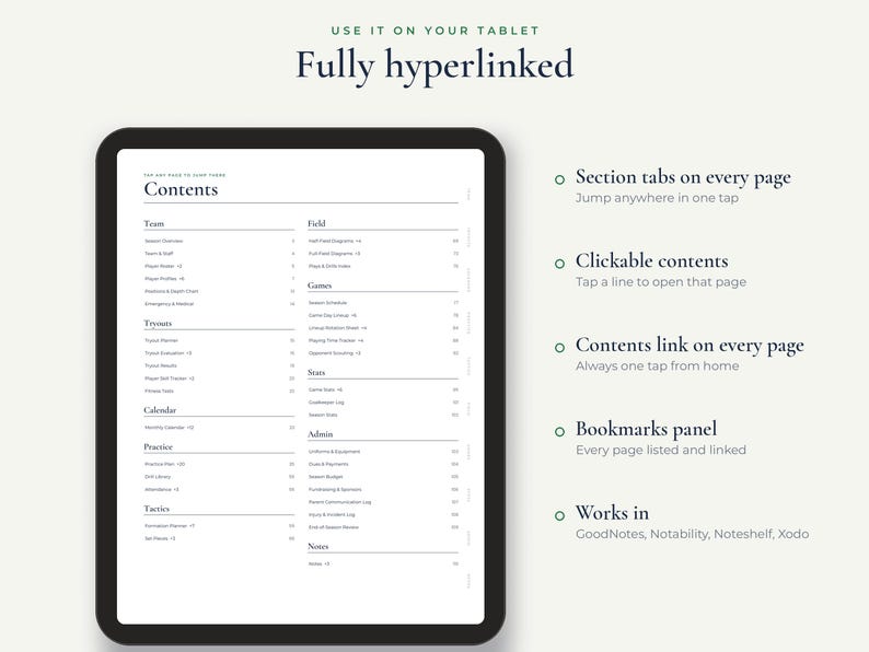 May include: A digital tablet displaying a fully hyperlinked sports planner contents page. The screen shows organized sections for team, field, games, stats, admin, and notes. Text on the right highlights features like section tabs, clickable contents, and app compatibility.
