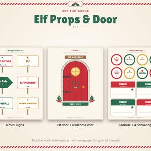 May include: A printable set of Christmas elf props featuring three pages. The first page contains six mini signs with text like DO NOT DISTURB and ELF PARKING. The second page shows a red arched elf door and welcome mat. The third page has eight circular labels and four rectangular name tags.