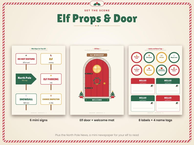 May include: A printable set of Christmas elf props featuring three pages. The first page contains six mini signs with text like DO NOT DISTURB and ELF PARKING. The second page shows a red arched elf door and welcome mat. The third page has eight circular labels and four rectangular name tags.