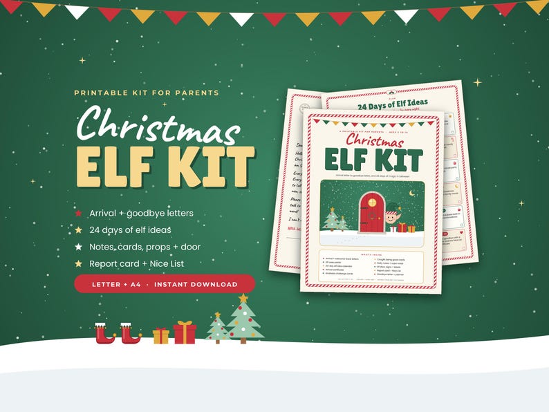 May include: A printable Christmas Elf Kit for parents featuring arrival and goodbye letters, 24 days of elf ideas, notes, cards, props, a door, a report card, and a Nice List. The kit includes Letter and A4 sizes as an instant download.