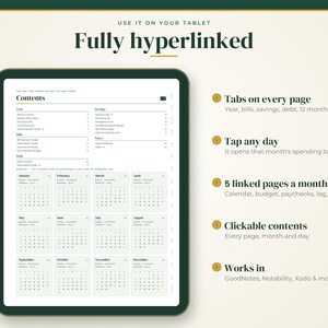 May include: A digital financial planner displayed on a tablet screen featuring a contents page with a yearly calendar overview. The interface includes clickable tabs for months, bills, savings, and debt, with text indicating compatibility with GoodNotes.