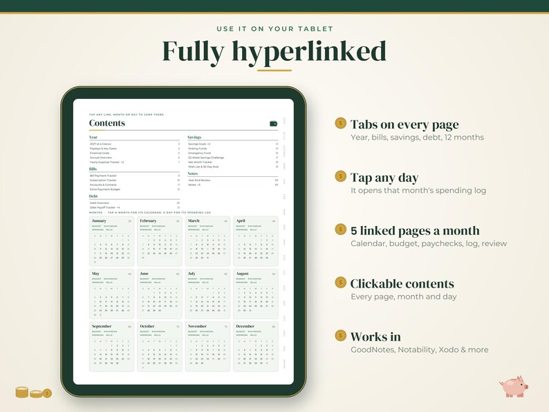 May include: A digital financial planner displayed on a tablet screen featuring a contents page with a yearly calendar overview. The interface includes clickable tabs for months, bills, savings, and debt, with text indicating compatibility with GoodNotes.