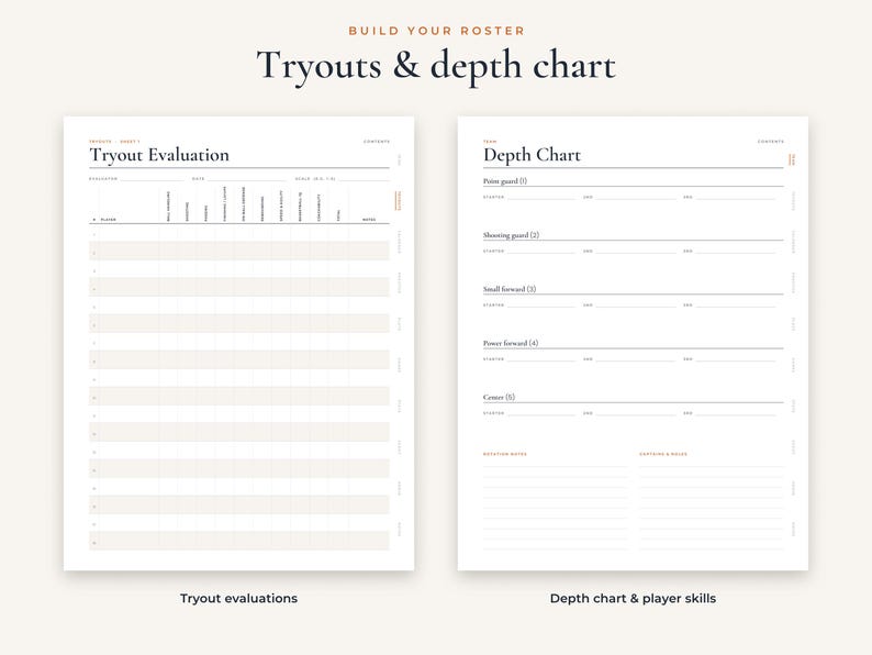 Op de afbeelding: Twee witte digitale plannerpagina's met zwarte tekst. De linkerpagina is getiteld Tryout Evaluation met kolommen voor spelersnamen en vaardigheidsbeoordelingen. De rechterpagina is getiteld Depth Chart met secties voor point guard, shooting guard, small forward, power forward en center posities.