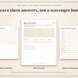 May include: Three white printable planner pages with dark text and beige accents. The center page is titled Read This First, the left page is Who to Call First, and the right page is Where to Find Everything. The top text reads Leave them answers, not a scavenger hunt.