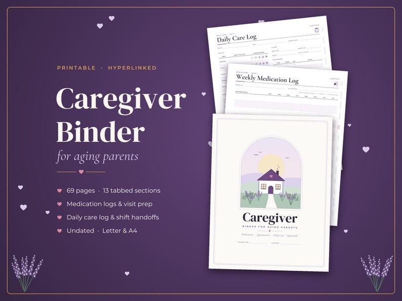 May include: A digital caregiver binder set featuring a cover page with a house illustration, daily care logs, and weekly medication logs. The text reads Caregiver Binder for aging parents, 69 pages, 13 tabbed sections, medication logs, visit prep, daily care log, shift handoffs, undated, Letter and A4.