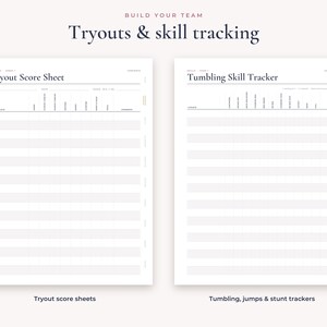 Op de afbeelding: Twee witte digitale plannerpagina's met de titel Build Your Team Tryouts & skill tracking. De linkerpagina is een Tryout Score Sheet met kolommen voor naam, datum en vaardigheden. De rechterpagina is een Tumbling Skill Tracker met rijen voor namen.