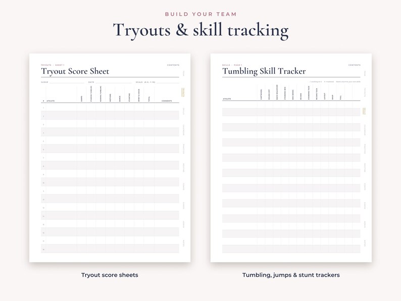 Op de afbeelding: Twee witte digitale plannerpagina's met de titel Build Your Team Tryouts & skill tracking. De linkerpagina is een Tryout Score Sheet met kolommen voor naam, datum en vaardigheden. De rechterpagina is een Tumbling Skill Tracker met rijen voor namen.