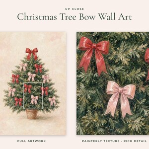 May include: Christmas Tree Bow Wall Art featuring a potted evergreen tree decorated with red and light pink bows. The artwork displays a painterly texture with rich detail, showing the tree needles and satin-like bows in close-up.