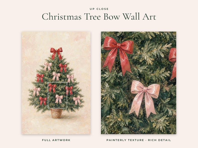 May include: Christmas Tree Bow Wall Art featuring a potted evergreen tree decorated with red and light pink bows. The artwork displays a painterly texture with rich detail, showing the tree needles and satin-like bows in close-up.