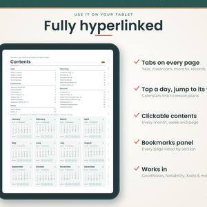 K&ouml;nnte beinhalten: Ein digitales Tablet mit einem vollst&auml;ndig verlinkten Lehrerplaner, einer Inhaltsseite und einer monatlichen Kalender&uuml;bersicht. Die Benutzeroberfl&auml;che bietet anklickbare Reiter, ein Lesezeichen-Panel und Kompatibilit&auml;tshinweise f&uuml;r Apps wie GoodNotes.
