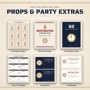 K&ouml;nnte beinhalten: Eine Sammlung druckbarer Party-Requisiten, darunter nummerierte Umschlagetiketten, ein Restricted Workshop Vault-Schild, ein 60-Minuten-Countdown-Schild, Crew-Ausweise, Midnight Vault-Einladungen und Urkunden mit Text.