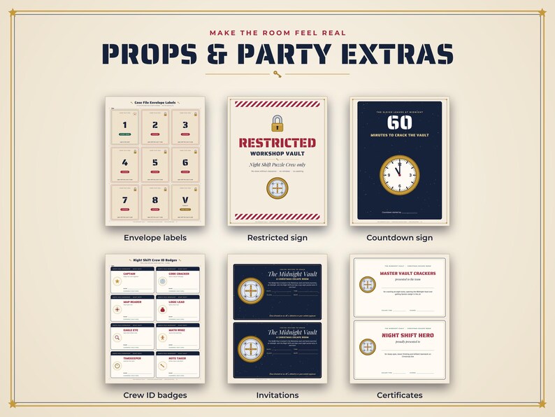 K&ouml;nnte beinhalten: Eine Sammlung druckbarer Party-Requisiten, darunter nummerierte Umschlagetiketten, ein Restricted Workshop Vault-Schild, ein 60-Minuten-Countdown-Schild, Crew-Ausweise, Midnight Vault-Einladungen und Urkunden mit Text.