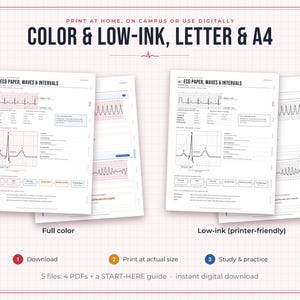 May include: Educational study sheets titled ECG Paper, Waves & Intervals, available in full colour and low-ink versions. The documents feature electrocardiogram wave diagrams, interval measurements, and descriptive text for medical study and practice.