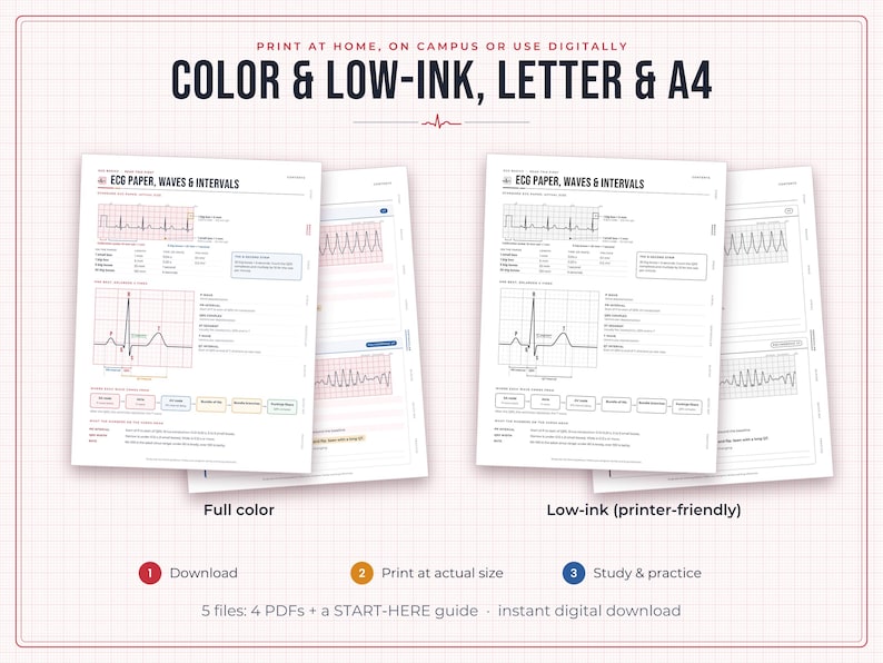 May include: Educational study sheets titled ECG Paper, Waves & Intervals, available in full colour and low-ink versions. The documents feature electrocardiogram wave diagrams, interval measurements, and descriptive text for medical study and practice.