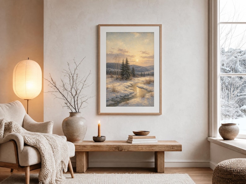 May include: A framed landscape print featuring a winter scene with a winding stream, snow-covered ground, and evergreen trees under a soft sunset sky. The artwork is displayed in a light wood frame hanging on a neutral wall above a wooden bench.