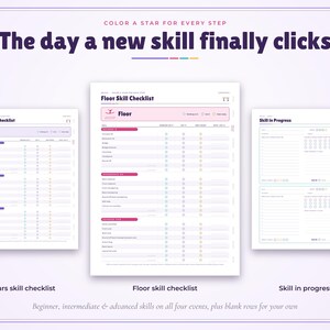 May include: A digital gymnastics tracking set featuring three white pages with purple text and accents. The pages include a Bars Skill Checklist, a Floor Skill Checklist, and a Skill in Progress tracker with star icons to colour for every step.