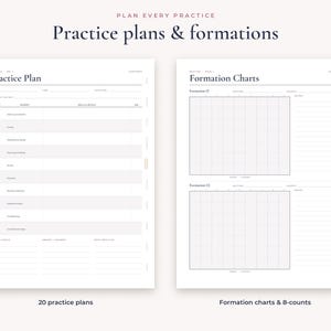 Op de afbeelding: Twee witte digitale plannerpagina's met de titels Practice Plan en Formation Charts. Het Practice Plan bevat velden voor datum, tijd, locatie en doelen. De pagina Formation Charts bevat twee rasterlay-outs voor het in kaart brengen van bewegingen met ruimte voor notities.