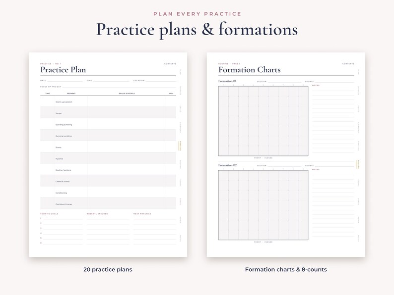 Op de afbeelding: Twee witte digitale plannerpagina's met de titels Practice Plan en Formation Charts. Het Practice Plan bevat velden voor datum, tijd, locatie en doelen. De pagina Formation Charts bevat twee rasterlay-outs voor het in kaart brengen van bewegingen met ruimte voor notities.