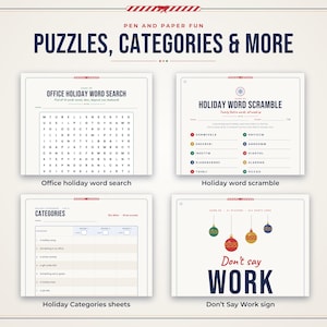 Puede incluir: Una colecci&oacute;n de hojas de juego imprimibles tituladas Pen and Paper Fun: Puzzles, Categories & More. Incluye una sopa de letras de oficina, un juego de palabras desordenadas, hojas de categor&iacute;as y un cartel Don't Say Work con adornos.