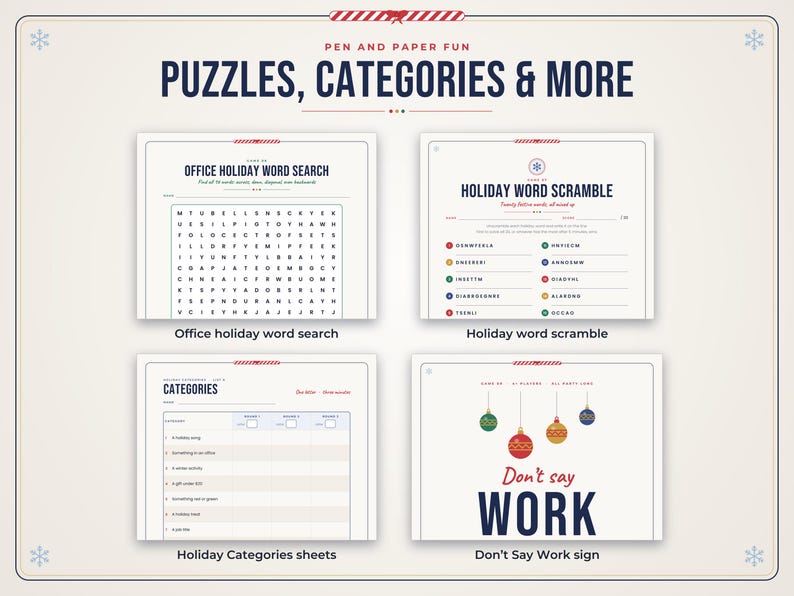 Puede incluir: Una colecci&oacute;n de hojas de juego imprimibles tituladas Pen and Paper Fun: Puzzles, Categories & More. Incluye una sopa de letras de oficina, un juego de palabras desordenadas, hojas de categor&iacute;as y un cartel Don't Say Work con adornos.