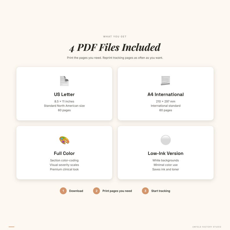 May include: A graphic showing the text "4 PDF Files Included" with details on US Letter and A4 International sizes, both with 60 pages. Also includes "Full Color" and "Low-Ink Version" options for printing.
