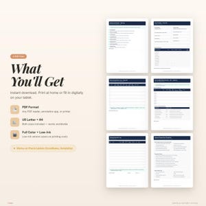 May include: A digital download product featuring six PDF documents, including checklists and guides. The product offers both US Letter and A4 sizes. The text "What You'll Get" is displayed in a large, stylized font.