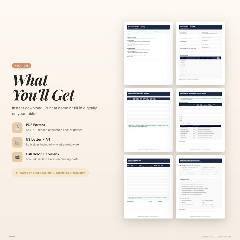 May include: A digital download product featuring six PDF documents, including checklists and guides. The product offers both US Letter and A4 sizes. The text "What You'll Get" is displayed in a large, stylized font.