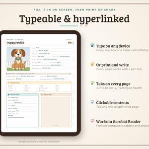 May include: A digital puppy profile template displayed on a tablet screen. The document features a cartoon dog illustration, fillable text fields for pet details, personality checkboxes, and sections for favourite things, all with clickable navigation.