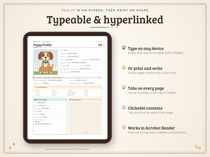 May include: A digital puppy profile template displayed on a tablet screen. The document features a cartoon dog illustration, fillable text fields for pet details, personality checkboxes, and sections for favourite things, all with clickable navigation.