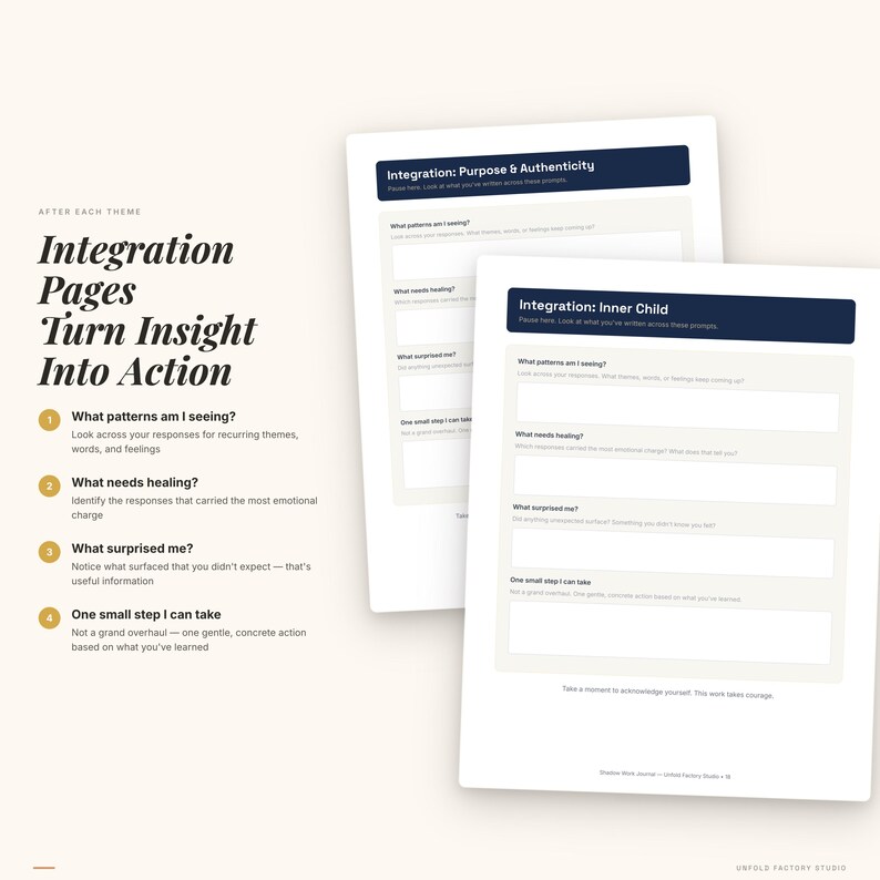 May include: Two white worksheets with text, titled "Integration: Purpose & Authenticity" and "Integration: Inner Child." The worksheets have prompts for self-reflection. The left side of the image has text: "Integration Pages Turn Insight Into Action."