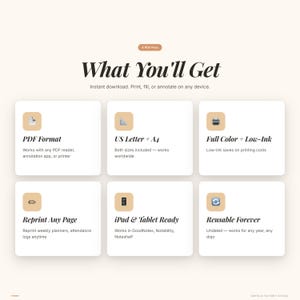 May include: A digital product advertisement with the headline "What You'll Get." Features include PDF format, US Letter + A4 sizes, full color, low-ink, reprintable pages, iPad & tablet compatibility, and reusable design. The product is designed for instant download and annotation.