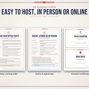 Puede incluir: Un kit digital de planificaci&oacute;n de fiestas con tres documentos: un orden de ejecuci&oacute;n, consejos para eventos en l&iacute;nea o h&iacute;bridos y ocho certificados de premio. El texto incluye encabezados como Plan Your Office Party, Trivia Champion y Bingo Boss.