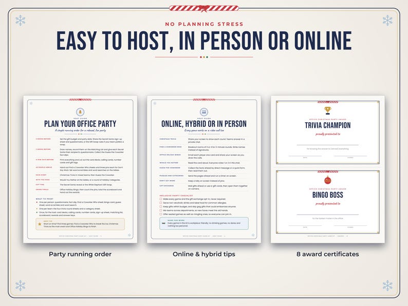 Puede incluir: Un kit digital de planificaci&oacute;n de fiestas con tres documentos: un orden de ejecuci&oacute;n, consejos para eventos en l&iacute;nea o h&iacute;bridos y ocho certificados de premio. El texto incluye encabezados como Plan Your Office Party, Trivia Champion y Bingo Boss.