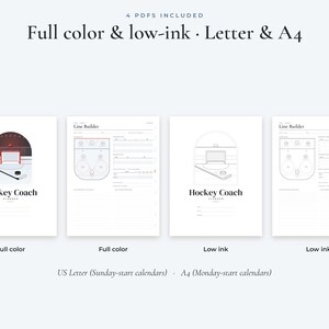 May include: A digital hockey coach planner set featuring four PDF files in full color and low-ink versions for US Letter and A4 sizes. The pages include a hockey rink graphic, line builder diagrams, and text labeled Hockey Coach Planner.