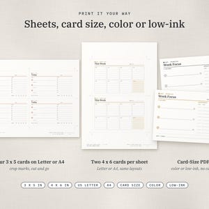 Puede incluir: Hojas de planificador imprimibles con el texto Print it your way, Sheets, card size, color or low-ink. Incluye dise&ntilde;os para tarjetas de 3x5 y 4x6 pulgadas, con plantillas de enfoque diario y semanal con l&iacute;neas, casillas y encabezados en papel blanco.