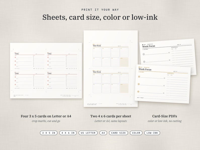Puede incluir: Hojas de planificador imprimibles con el texto Print it your way, Sheets, card size, color or low-ink. Incluye dise&ntilde;os para tarjetas de 3x5 y 4x6 pulgadas, con plantillas de enfoque diario y semanal con l&iacute;neas, casillas y encabezados en papel blanco.