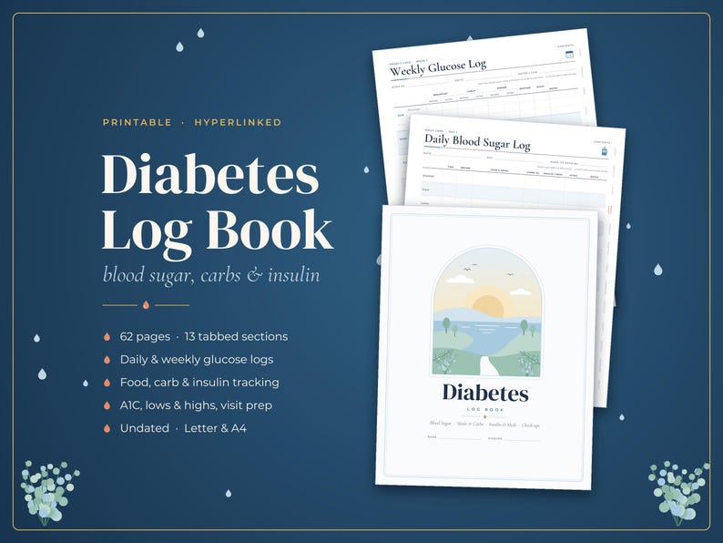 May include: A printable, hyperlinked diabetes log book featuring 62 pages and 13 tabbed sections for tracking blood sugar, carbs, and insulin. The cover displays a landscape illustration of a sunset over hills, with daily and weekly log pages.