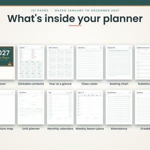 K&ouml;nnte beinhalten: Ein 131-seitiger Lehrerplaner f&uuml;r 2027 mit einem Cover, das eine Tafelgrafik und den Text 2027 Teacher Planner zeigt. Das Layout umfasst ein klickbares Inhaltsverzeichnis, eine Jahres&uuml;bersicht, eine Klassenliste, einen Sitzplan, Informationen f&uuml;r Vertretungslehrer, einen Lehrplan, einen Einheitenplaner, Monatskalender, Wochenpl&auml;ne, Anwesenheitslisten und ein Notenbuch.