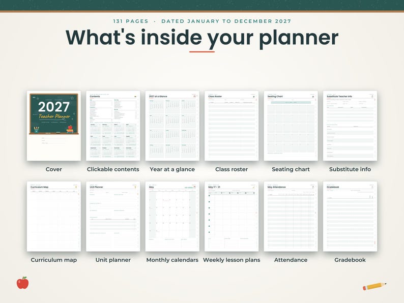K&ouml;nnte beinhalten: Ein 131-seitiger Lehrerplaner f&uuml;r 2027 mit einem Cover, das eine Tafelgrafik und den Text 2027 Teacher Planner zeigt. Das Layout umfasst ein klickbares Inhaltsverzeichnis, eine Jahres&uuml;bersicht, eine Klassenliste, einen Sitzplan, Informationen f&uuml;r Vertretungslehrer, einen Lehrplan, einen Einheitenplaner, Monatskalender, Wochenpl&auml;ne, Anwesenheitslisten und ein Notenbuch.