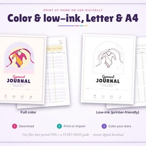 May include: A digital Gymnast Journal printable set featuring a full-colour version and a low-ink version. Each page displays a leotard graphic, the text Gymnast Journal, a skill checklist, and icons for gymnastics equipment. Includes instructions for download, printing, and use.