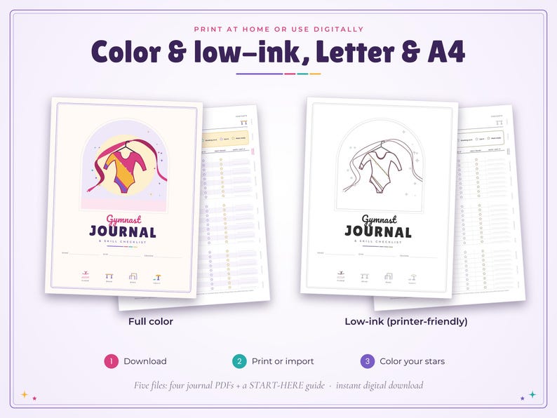 May include: A digital Gymnast Journal printable set featuring a full-colour version and a low-ink version. Each page displays a leotard graphic, the text Gymnast Journal, a skill checklist, and icons for gymnastics equipment. Includes instructions for download, printing, and use.