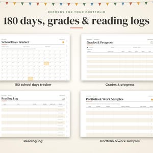 May include: A digital planner set titled Records for your portfolio, 180 days, grades & reading logs. It includes four templates: a School Days Tracker with a grid, a Grades & Progress table, a Reading Log, and a Portfolio & Work Samples sheet.