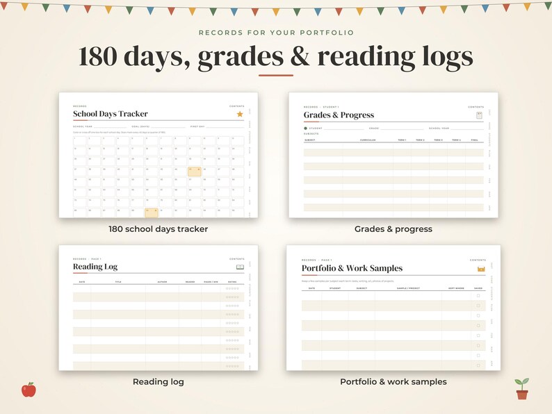 May include: A digital planner set titled Records for your portfolio, 180 days, grades & reading logs. It includes four templates: a School Days Tracker with a grid, a Grades & Progress table, a Reading Log, and a Portfolio & Work Samples sheet.