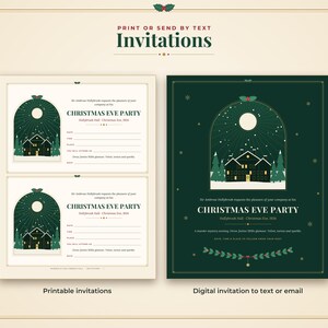 Op de afbeelding: Twee printbare uitnodigingskaarten en &eacute;&eacute;n digitale uitnodiging met een donkergroen boogontwerp met een huis, sneeuw en een volle maan. De tekst luidt Christmas Eve Party in Hollybrook Hall, 24 december 2024, met lijnen voor datum, tijd en locatie.