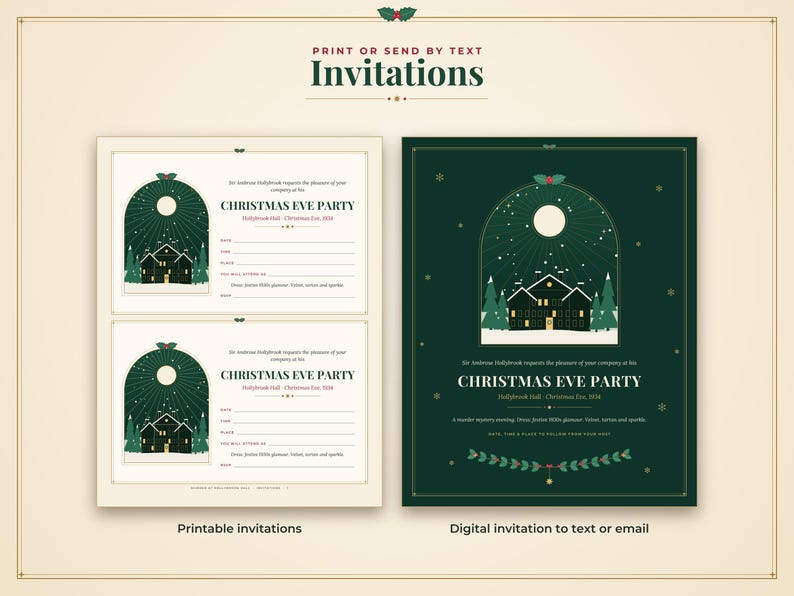 Op de afbeelding: Twee printbare uitnodigingskaarten en &eacute;&eacute;n digitale uitnodiging met een donkergroen boogontwerp met een huis, sneeuw en een volle maan. De tekst luidt Christmas Eve Party in Hollybrook Hall, 24 december 2024, met lijnen voor datum, tijd en locatie.