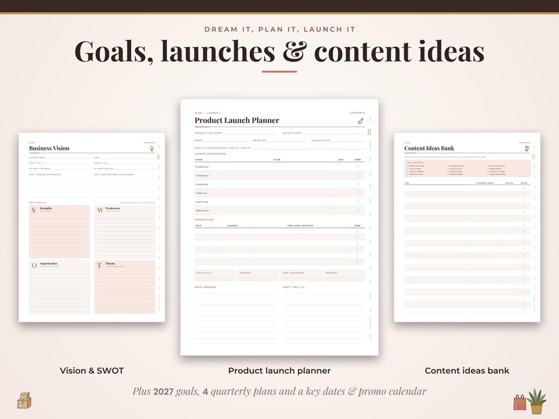 May include: Three digital planner pages titled Goals, launches & content ideas. The pages include Business Vision with a SWOT analysis, a Product Launch Planner with task lists, and a Content Ideas Bank with lined sections for planning.
