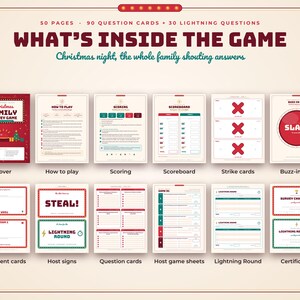 May include: A Christmas family survey game set featuring 50 pages, 90 question cards, and 30 lightning questions. The components include a cover, how to play, scoring, scoreboard, strike cards, buzz-in pad, team tent cards, host signs, and certificates.