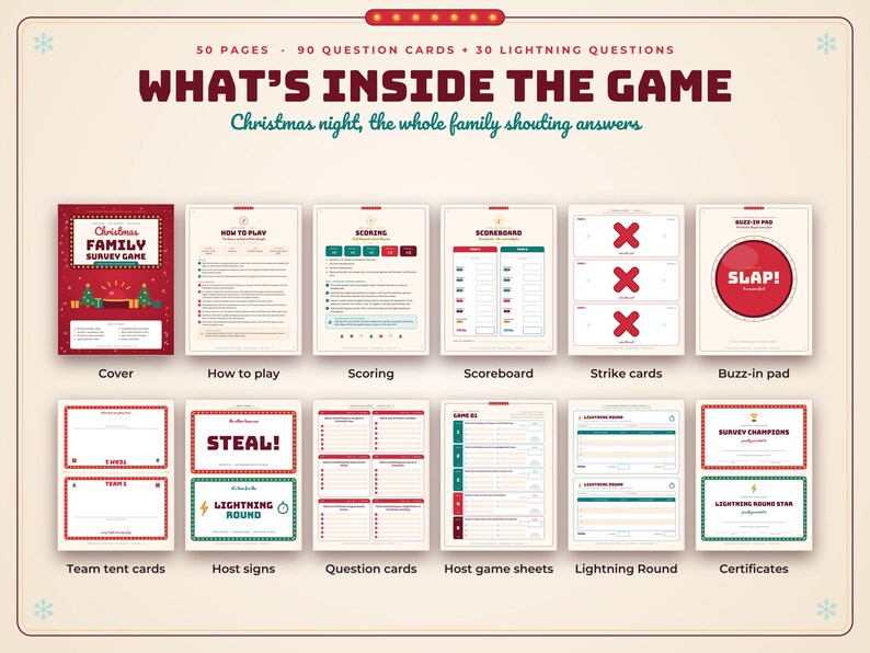 May include: A Christmas family survey game set featuring 50 pages, 90 question cards, and 30 lightning questions. The components include a cover, how to play, scoring, scoreboard, strike cards, buzz-in pad, team tent cards, host signs, and certificates.