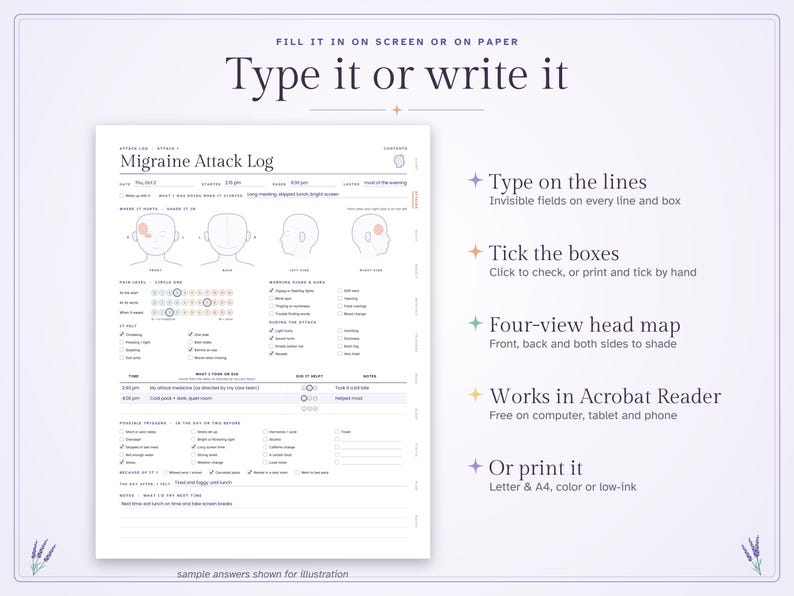 May include: A digital Migraine Attack Log template featuring a four-view head map, pain level scales, and symptom checklists. The document includes text fields for date, time, and notes, with instructions to type on screen or print on paper.